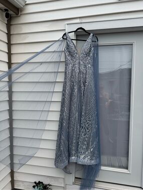 Embroidered V-Neck Prom Dress in Steel Blue